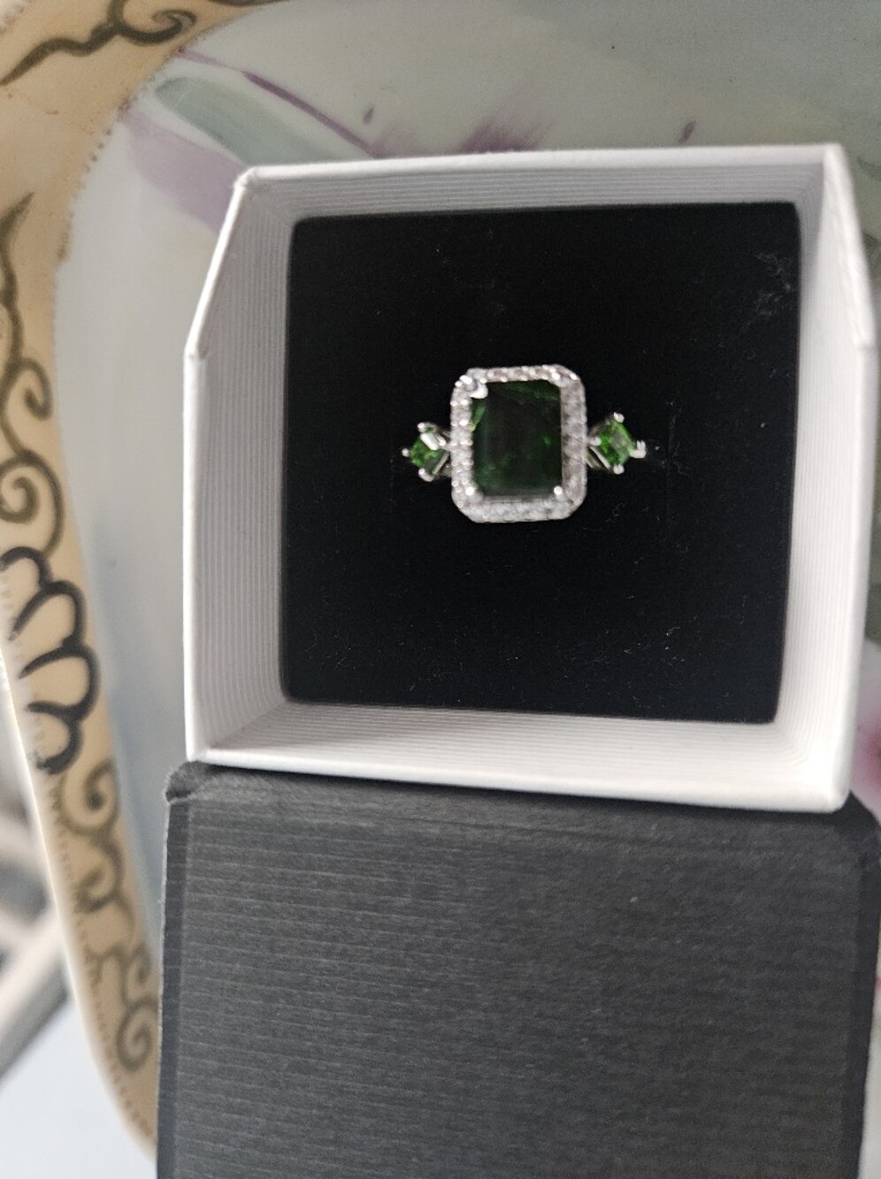 Emerald Green Halo Ring with Silver Band -Moldavite.